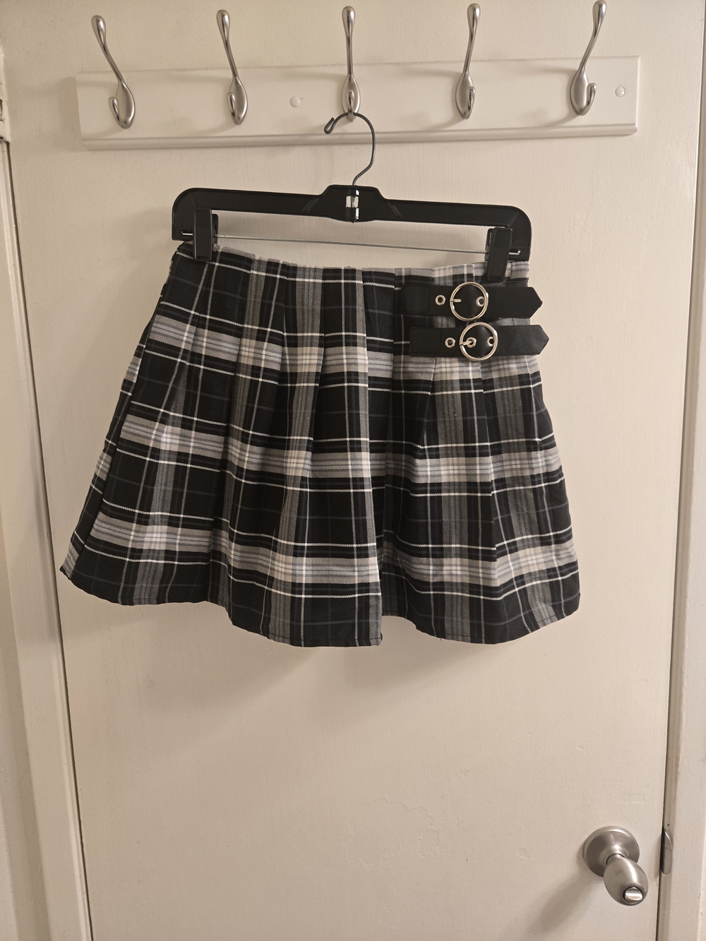 Forever 21 Black and White Plaid Pleated Skater Skirt with Buckle Straps